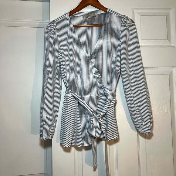 LOFT Long Balloon Sleeve Blue/Gray & White Striped Wrap Shirt V-Neck - Picture 1 of 6